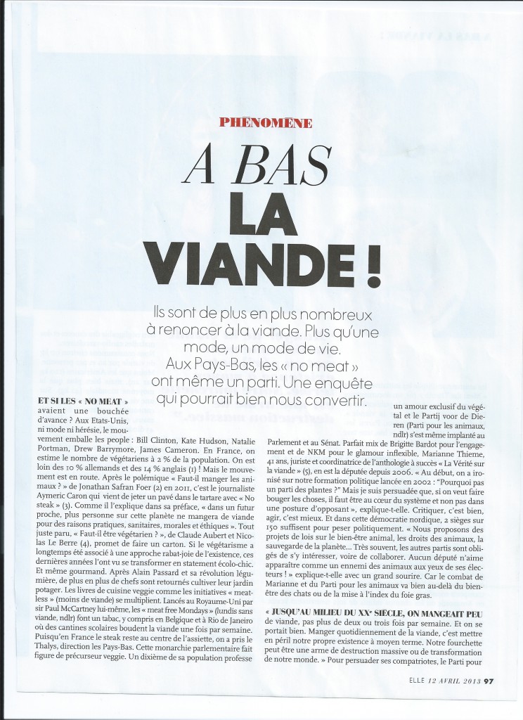 Article de Danièle Gerkens, ELLE semaine du 12 avril 2013